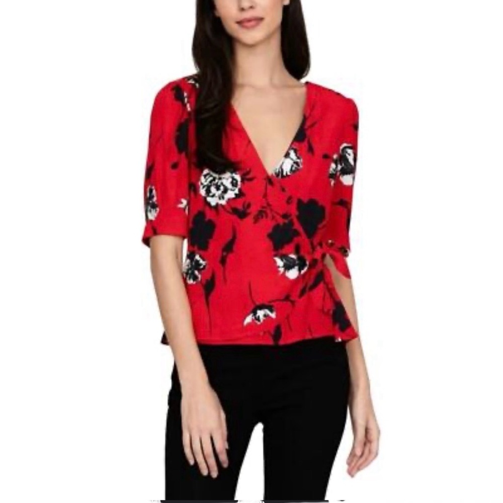 Yumi Kim Red and Black Floral Wrap Blouse. Size XS